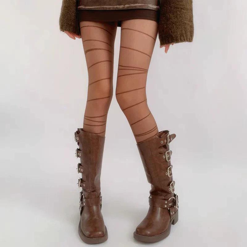 Irregular Striped Tights Women Sexy Lingerie Thigh High Stockings Pantyhose Y2k Girls High Waist Body Stockings Pantyhose Tights