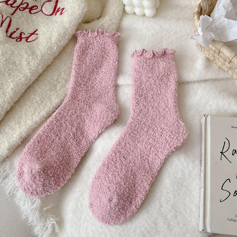 Fungus Edge Coral Fleece Socks Women'S Winter Warm Feet Thickened Warm Medium Tube Home Floor Socks Lace Solid Color Women'S Socks