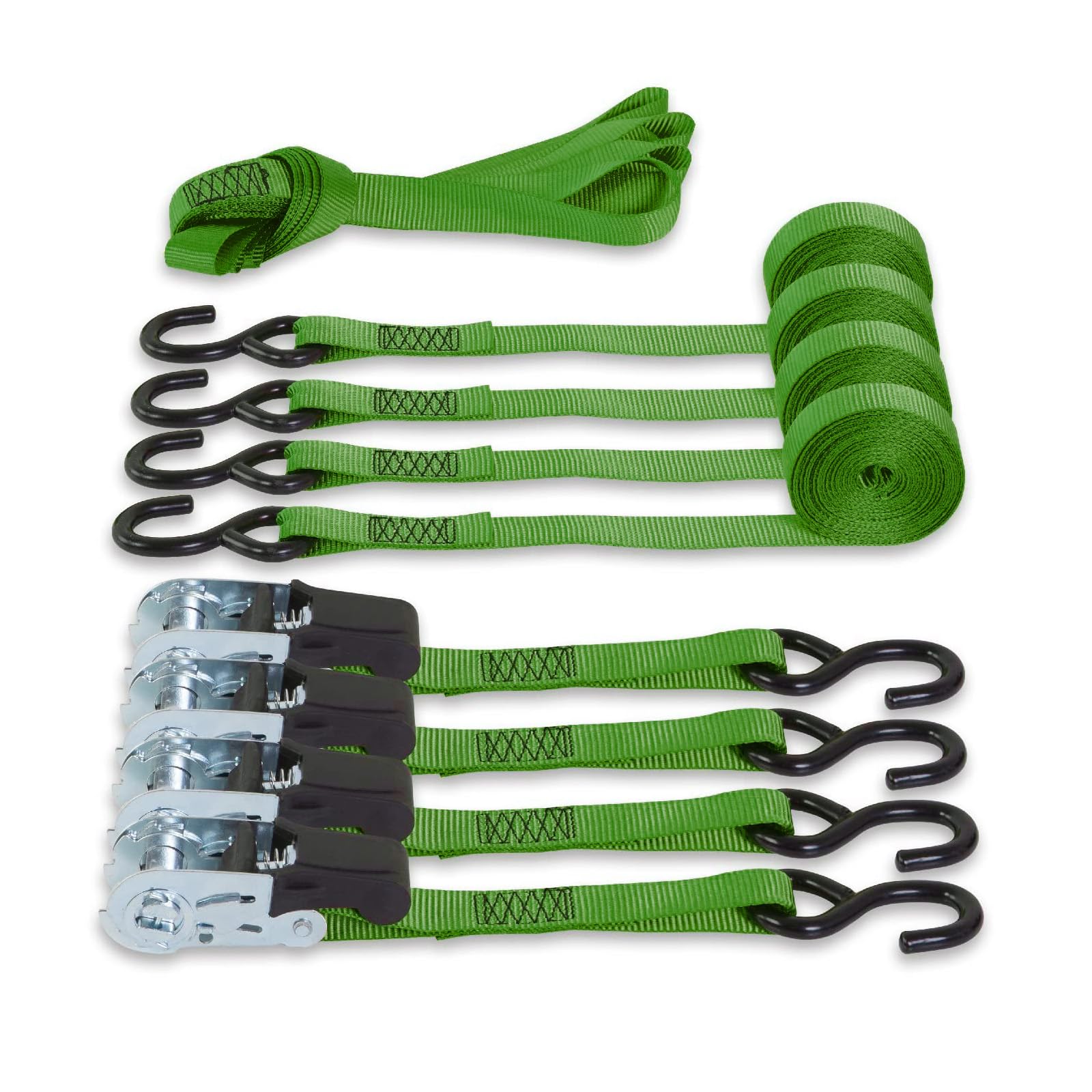 

БОЛЬШОЙ КРАСНЫЙ Крепежный ремень x Комплект крепежных трещоток 680 кг Максимальная грузоподъемность на разрыв Идеально подходит для перемещения и зеленых ремней, 4,5 м 2,5 см шириной, 4, груза, стяжной зелёный