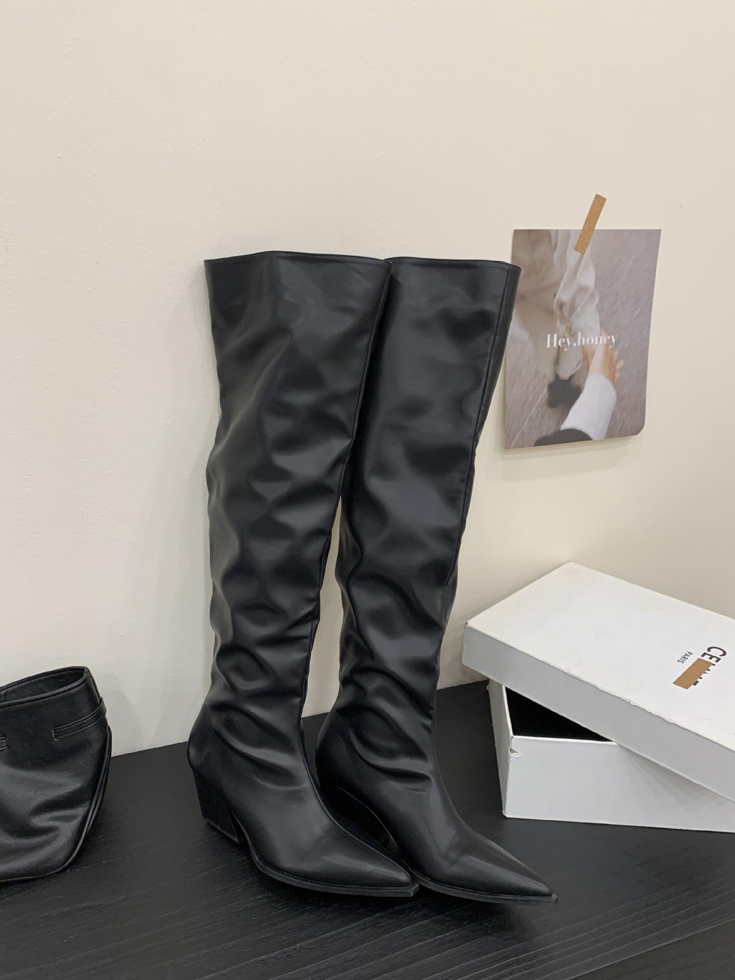 

High-heeled pointed khaki stacking boots high knight boots women s shoes 2025 new spring and autumn winter thin long boots 35