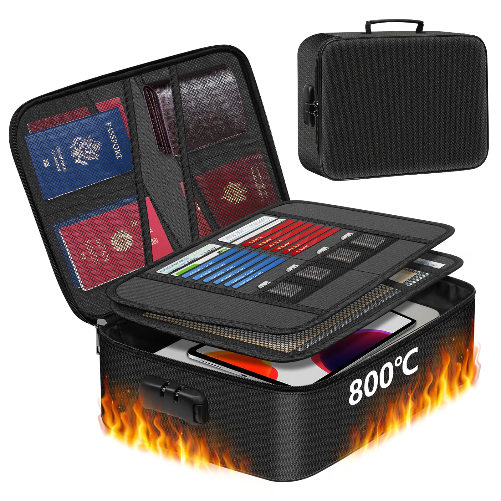 

yazi Огнестойкий домашний сейф с кодовым замком Огнестойкий пароль Большой переносной Вмещает важную банковскую безопасность на случай катастрофы и файлы Сумка, кейс, с ключом, чёрный