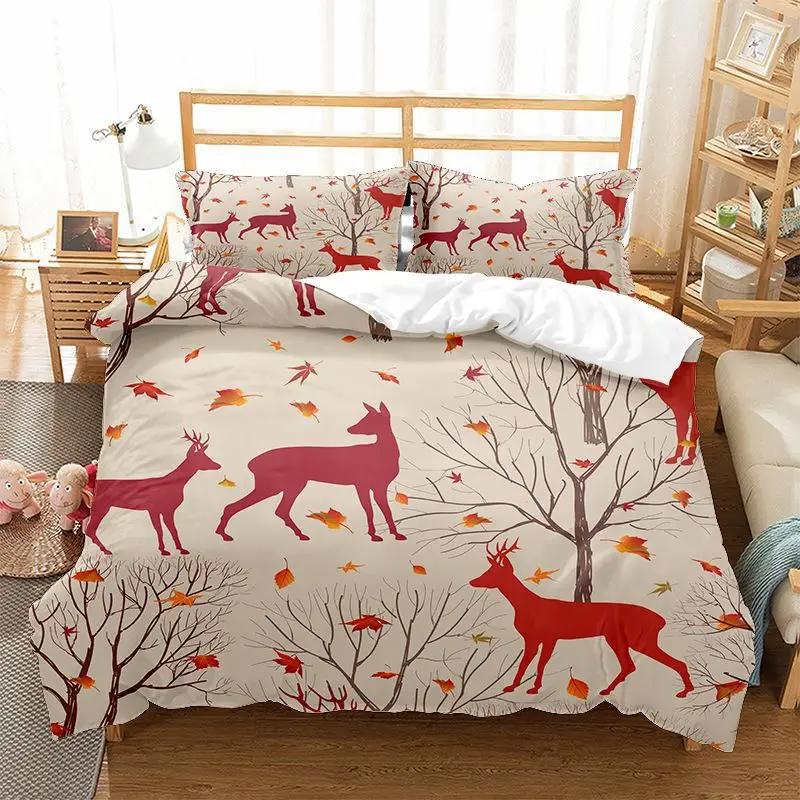 Christmas Elk Duvet Cover Set King Queen Full Twin Size Soft Christmas Trees Snowflake Decor Holiday Bedding Set Comforter Cover
