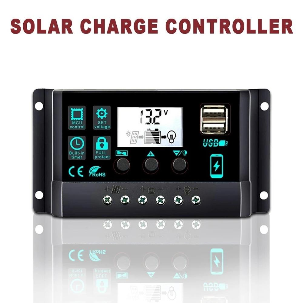 

12В/24В 100А Контроллер заряда солнечных батарей Автоматический переключатель ЖК-дисплей с защитой от перезаряда/короткого замыкания для автодома, лодки, автономной системы 30A&12V 24V Auto чёрный