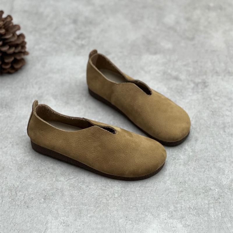 Johnature Genuine Leather Solid Color Women Flats Shoes Concise Retro Handmade Round Toe Shallow Slip-on Shoes
