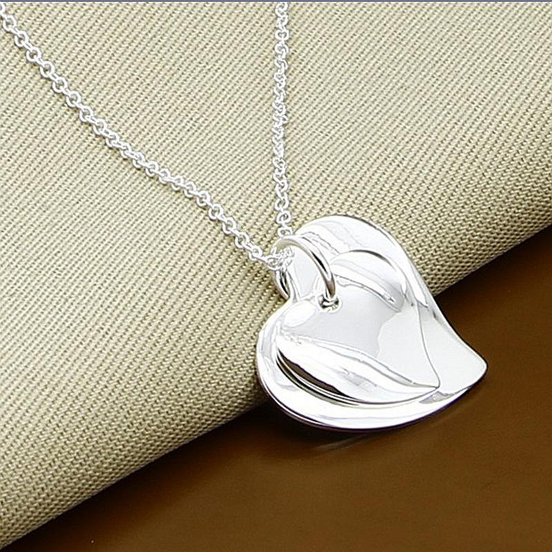 925 Sterling Silver Double Heart Pendant 18 Inches Necklace For Women Wedding Party Fashion Jewelry Chain Necklace Gifts