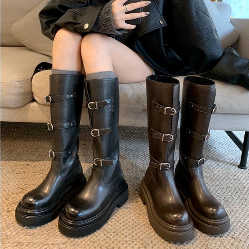Su Yinyin same supermodel boots~ 6cm thick-soled high tube belt buckle boots knight boots retro thick heel women's boots autumn and winter
