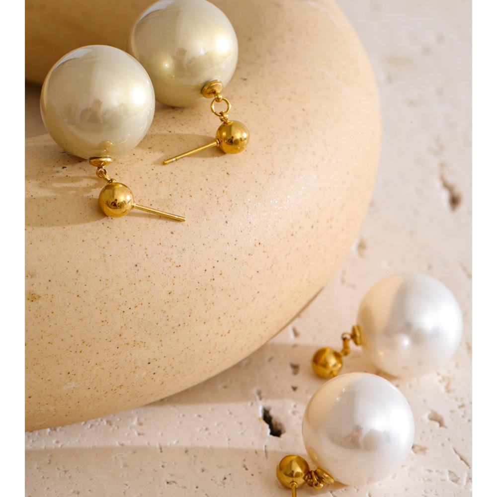 Yhpup 20*20mm Big Simulated Pearls Round Drop Earrings Vintage Stainless Steel Daily Wear Korean Jewelry Wholesale Waterproof