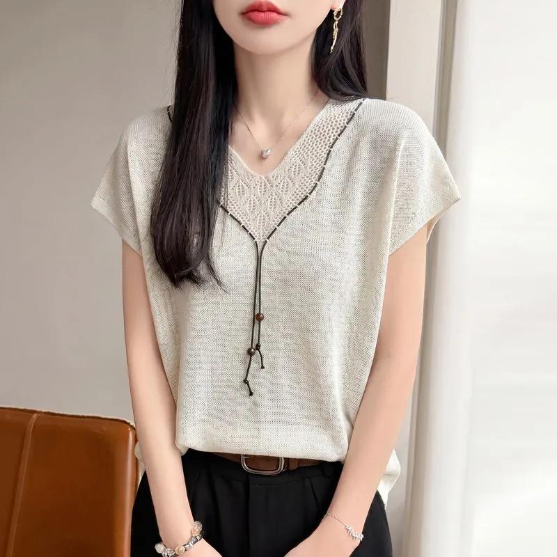 Women s Beige V-Neck Lace Detail Drawstring Short Sleeve Knit Top M белый