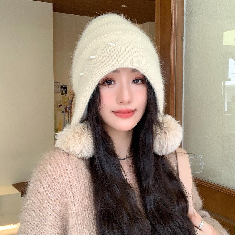 Autumn and Winter Rabbit Hair Hat for Women Pearl Lace Wool Ball Knitted Wool Hat for Winter Warmth and Cold Protection Ear Protection Hat Trend