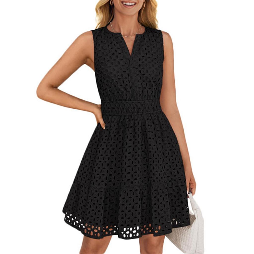 Women's Summer Fashion Lace Hollow V-Neck Color Casual Sleeveless Dresses