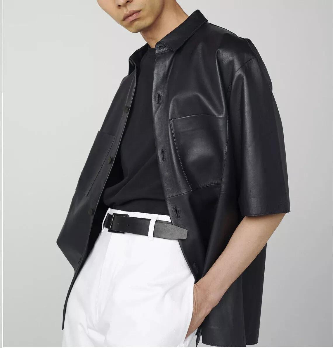 

Новая классическая мужская стильная черная рубашка из чистой кожи ягненка, официальная, повседневная, ручная работа S чёрный