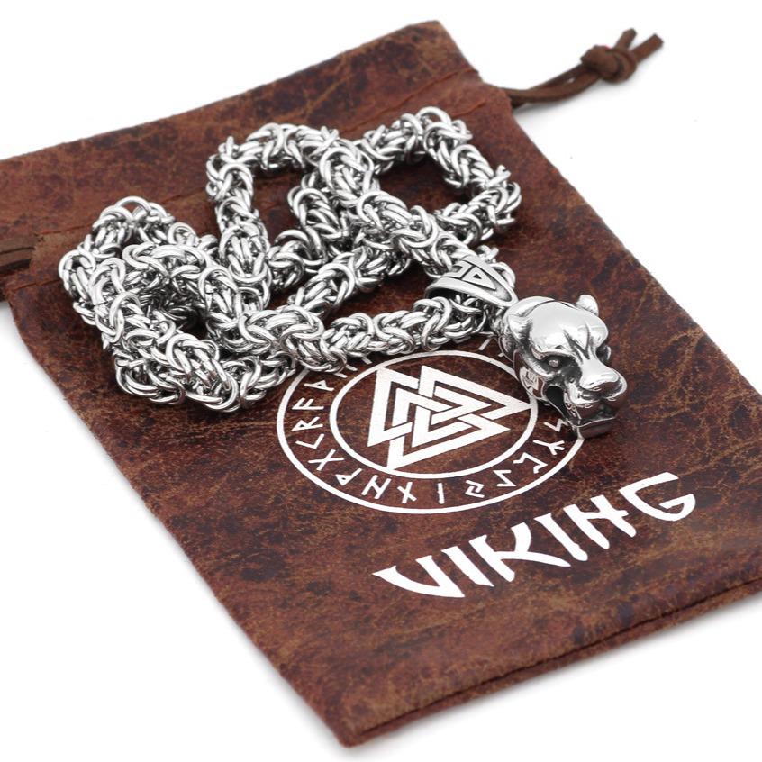 Stainless Steel Viking Wolf Head Pendant Necklace - Norse Mythology Amulet for Men and Women