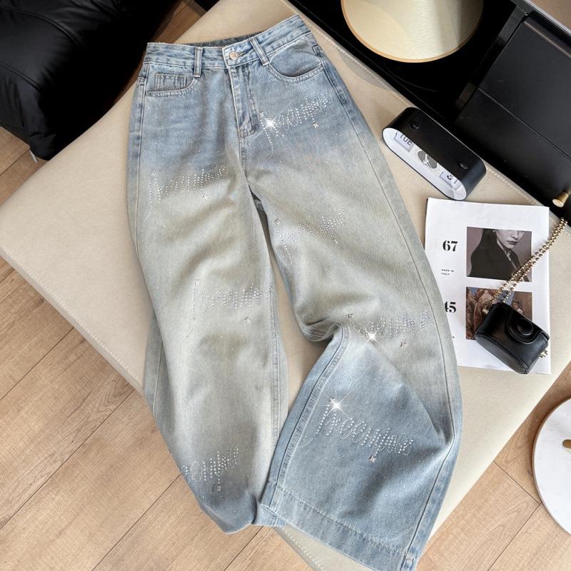 Korean Style Rhinestone Inlaid Gradient Washed High Waist Denim Pants - Women's Straight & Wide Leg Options.