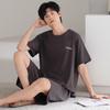 Pure cotton pajamas men's summer breathable simple thin round neck pullover loungewear loose casual short-sleeved shorts set
