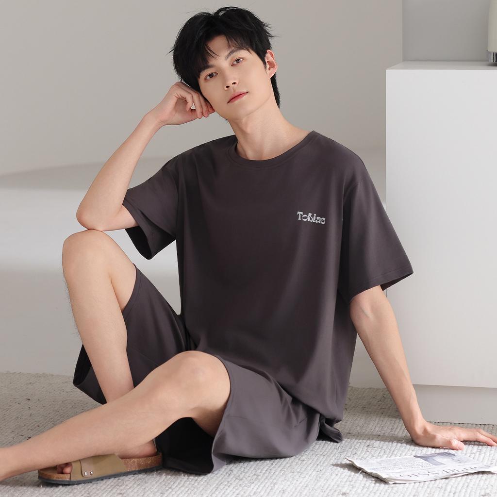 Pure cotton pajamas men's summer breathable simple thin round neck pullover loungewear loose casual short-sleeved shorts set
