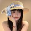 Bow Plaid Flat Top Straw Hat Women's Summer Seaside Beach Vacation Sunshade Sunscreen Hat Sun Hat