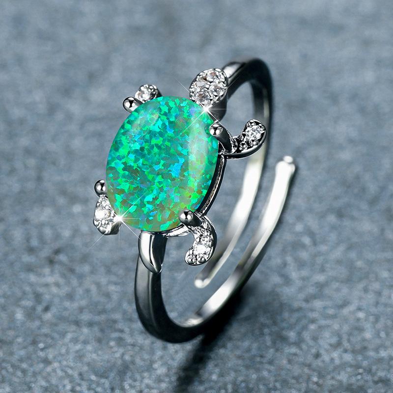 Wish personalized platinum oval blue-green-white Opal turtle opening versatile ring slightly inlaid with zircon