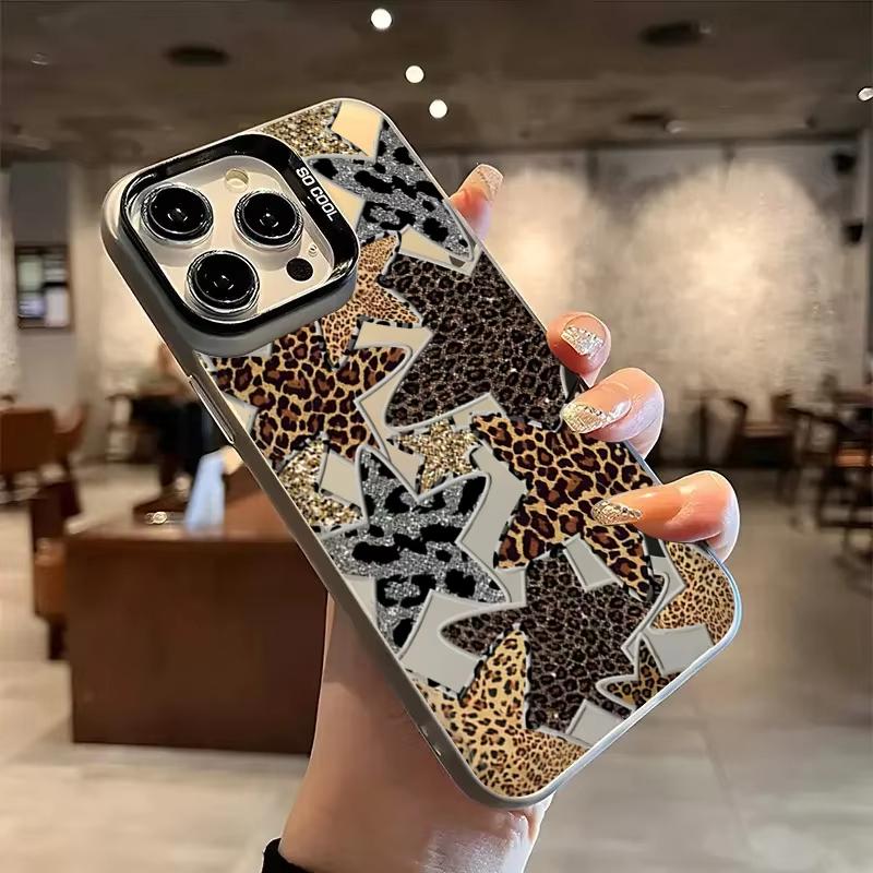 Leopard Print Stars Electroplate Silver IMD Phone Case For iPhone 17 16 Pro Max 15 14 13 12 11 Pro 16E 7 8 Plus X XS XR SE Cover