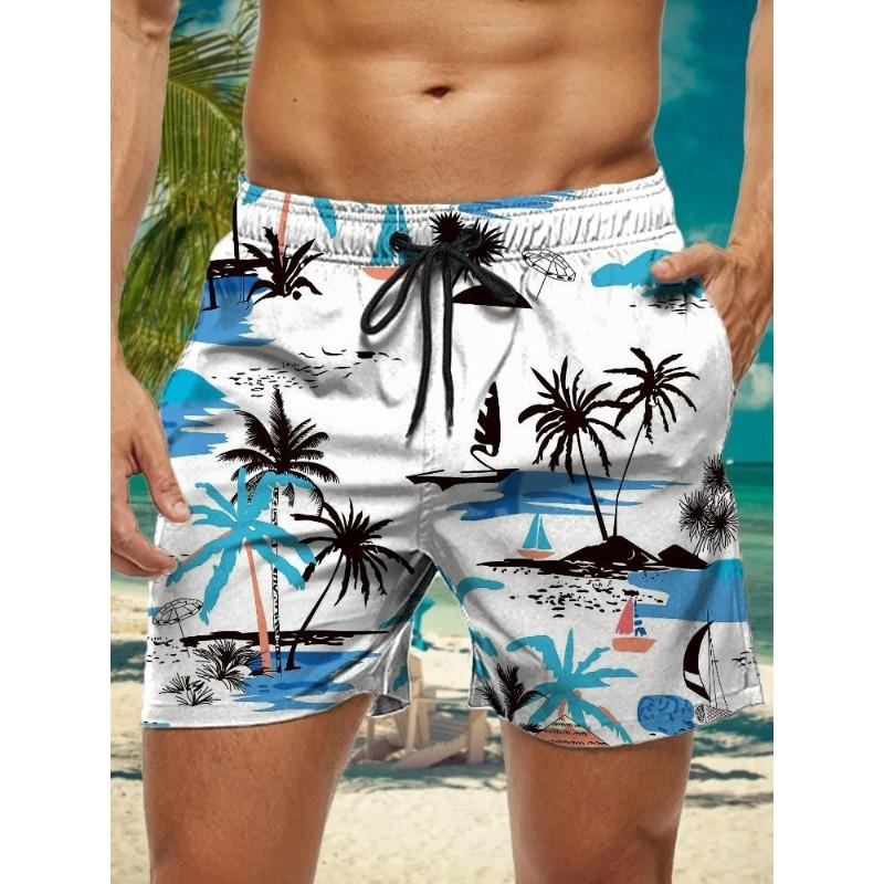 Summer New Hawaiian Plant Print Men's Street Hip Hop Casual Shorts Men's Summer Swim Shorts Drawstring Casual Shorts