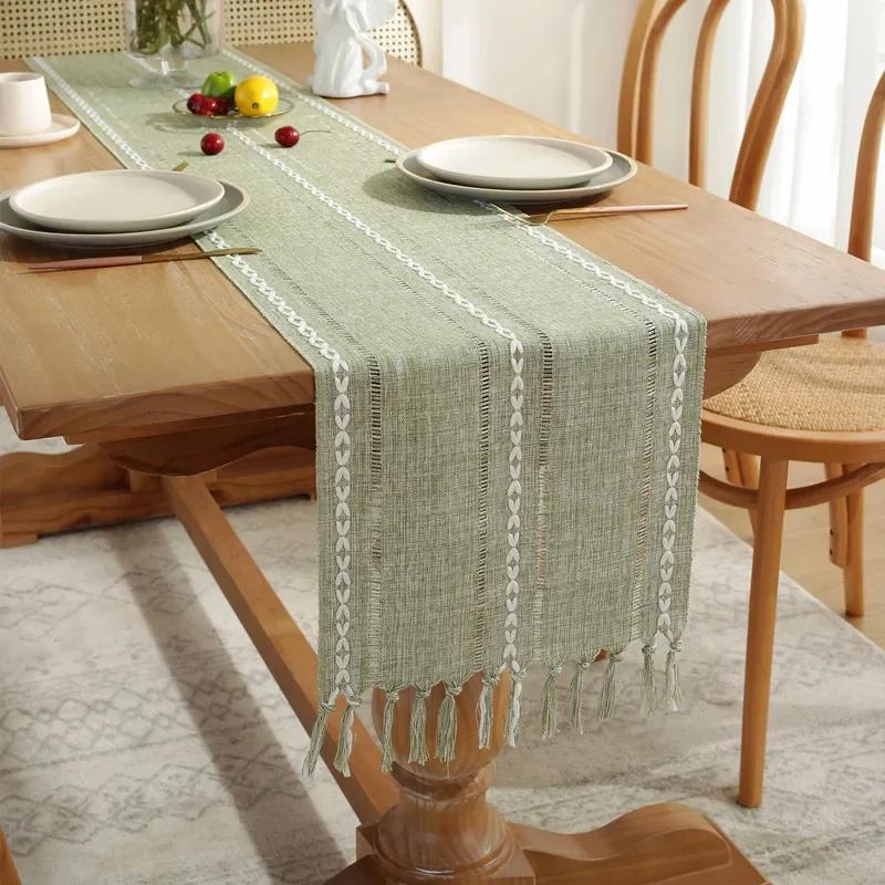 Rustic Farmhouse Style Linen Table Runner, Boho Handmade Tassel, Embroidered Table Runners for Party, Wedding and Dining Decor