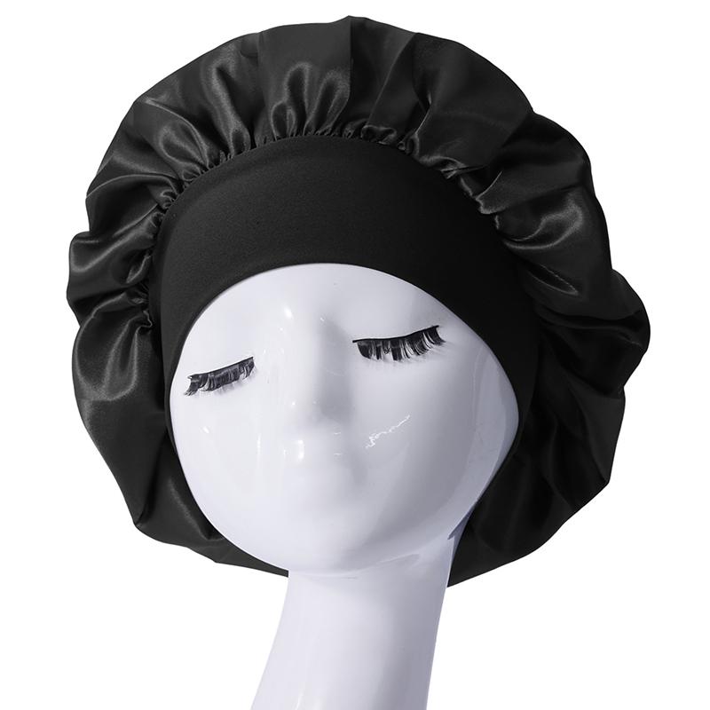 Women Satin Home Hair Shower Cap Comfortable Nightcap Casual Wide-brimmed Sleeping With Elasticated Floppy Band Cap Breathable
