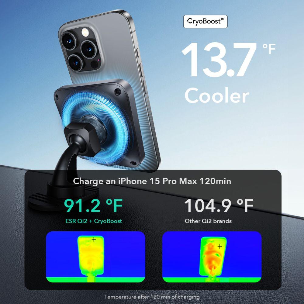 Esr Halolock Cryoboost Magnetic Magsafe Dashboard & Vent Car Mount Wireless Charger Qi2 15W Frosted Onyx
