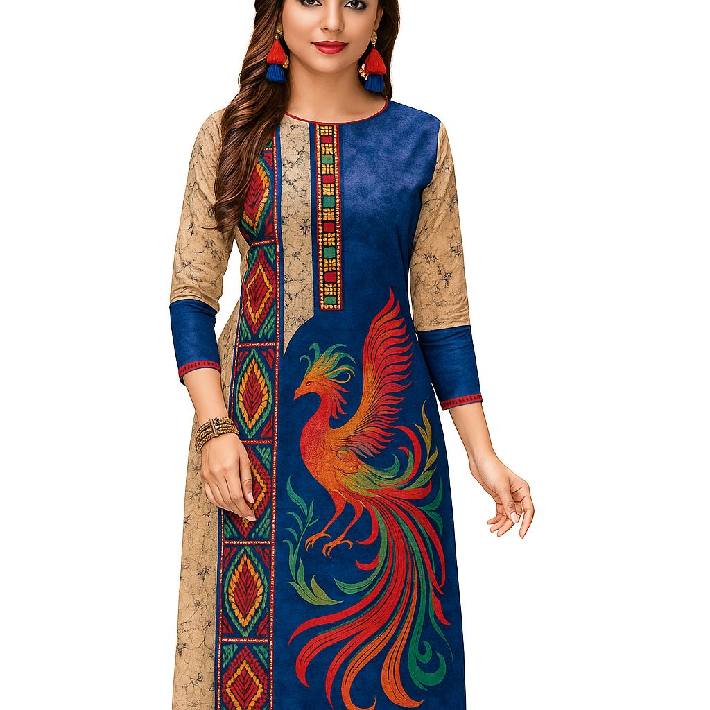 

Breathable Kurti, New Arrival, Stylish and Comfortable, Perfect Choice for Summer, All Over Printed Ethnic Vintage Print Bird Printed Women s Kurta S бежевий