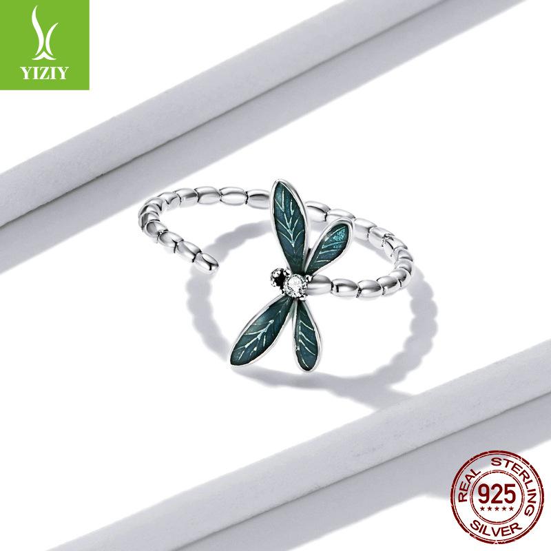 Niebieski Kropla Wspaniały Ważka Otwarty Pierścionek Świeży Niszowy Srebro S925 Pierścionek Owad Pierścionek