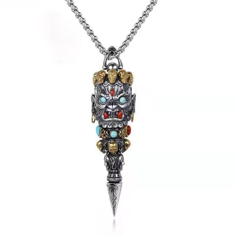 Vintage Copper Plated Fudo Myoo Vajra Pendant Necklace Men Ethnic Retro Style Bold Statement Jewelry