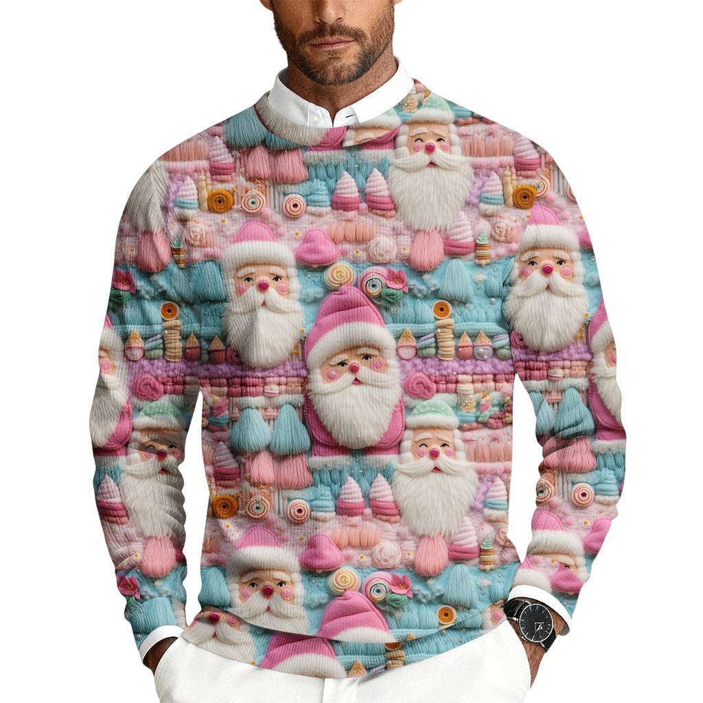 Men's Christmas Printed Crewneck Long Sleeve Ribbed Knit Pullover Sweater | Relaxed Fit Casual Business Knitwear For Holiday Parties & Daily Wear