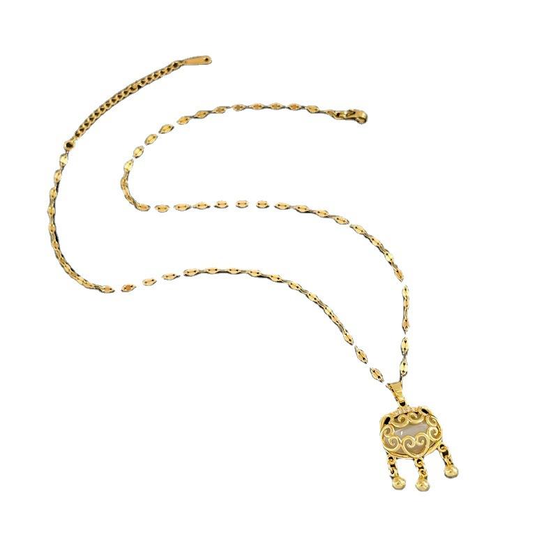 Necklace Female Inlaid Imitation Hetian Jade Fringed Long Life Lock Ancient Gold Pendant Collarbone Chain Jewelry Female