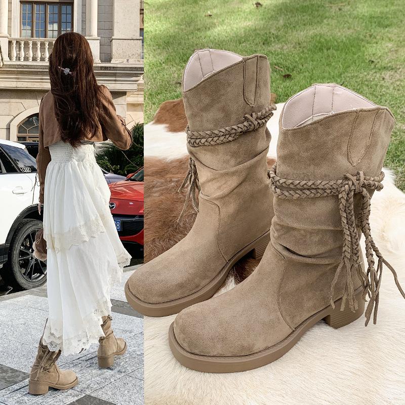 Brown short boots women's 2025 new autumn and summer thin pile boots retro wasteland wind fringed knight boots Europe and America