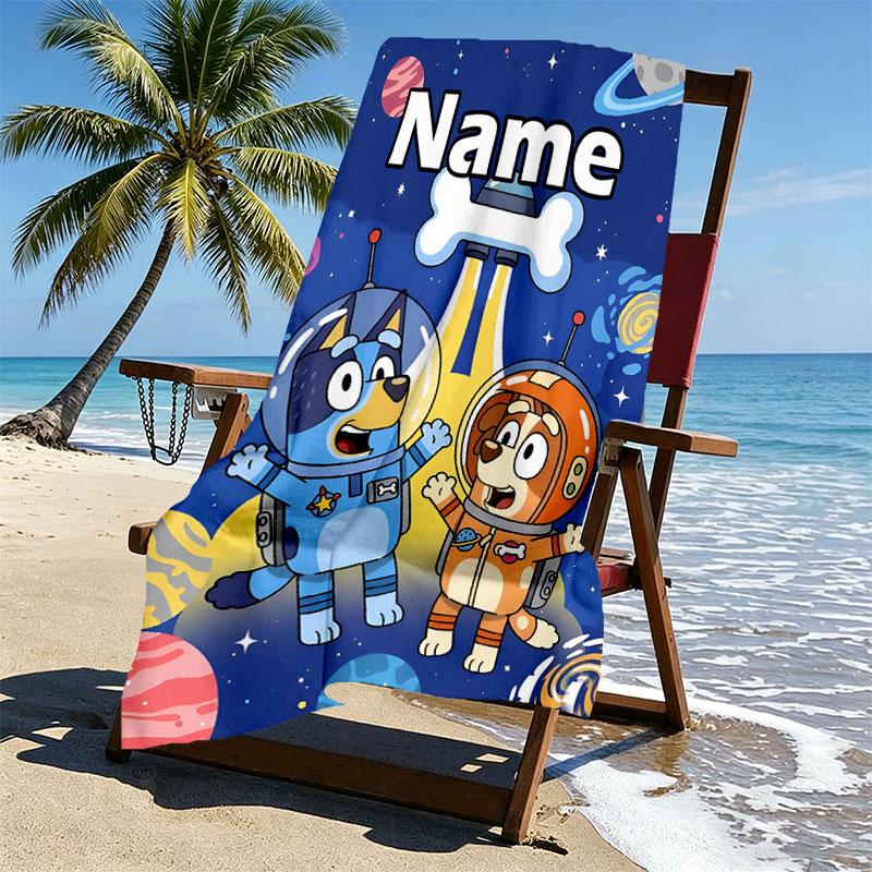 Custom Name Personalized Bluey Print Beach Towel, for Trip Camping Beach Party Home Decor, Birthday Gift for Family & Friends