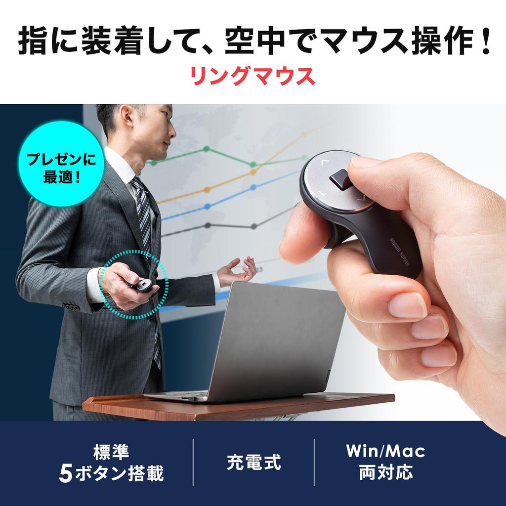 Sanwa Supply MA-RING2BK Ring Mouse, USB Wireless Connection, Rechargeable, Compact, 1200dpi, Black