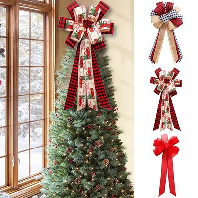 Christmas Tree Big Red Topper Linen Plaid Bowknot Handmade Gift Box Wrapping Decorative Large Bows New Year Party Wedding Decor
