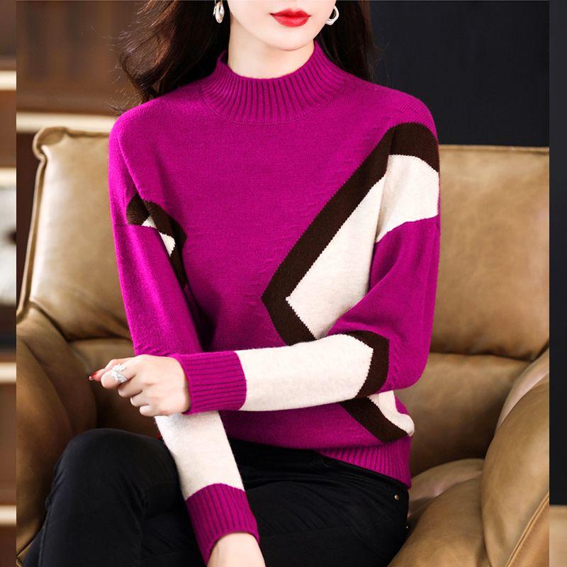 Women Knitted Sweater Pullover Autumn Winter New Korean Long Sleeve Loose Casual Color Block Sweater Fashion Female Tops