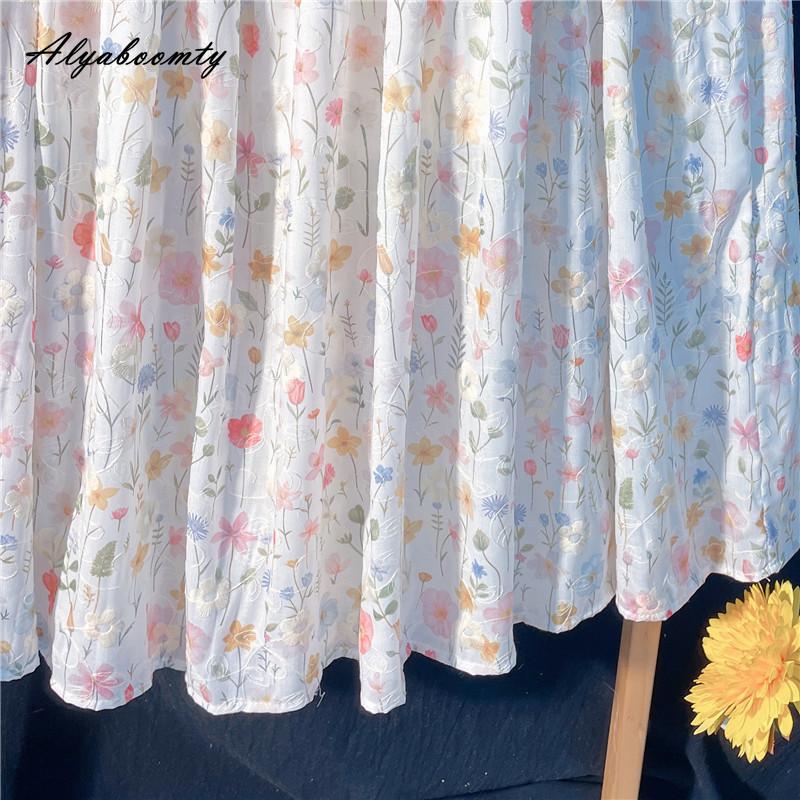 Japanese Mori Girl Spring Summer Women Midi Skirt Elastic Waist Colorful Floral Sweet Skirt Elegant Feminine Ladies' Pretty Skirt