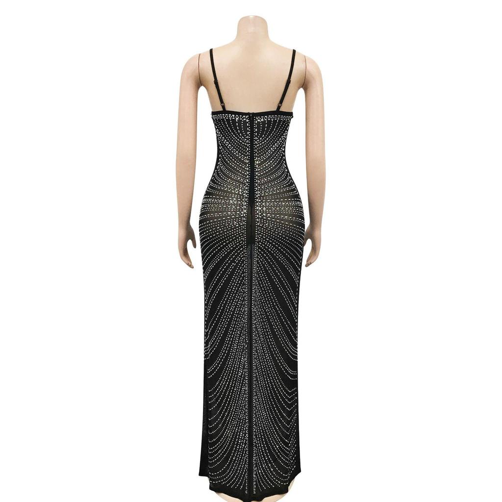 Rhinestone Mesh See-Through Camisole Bustier Long Dress