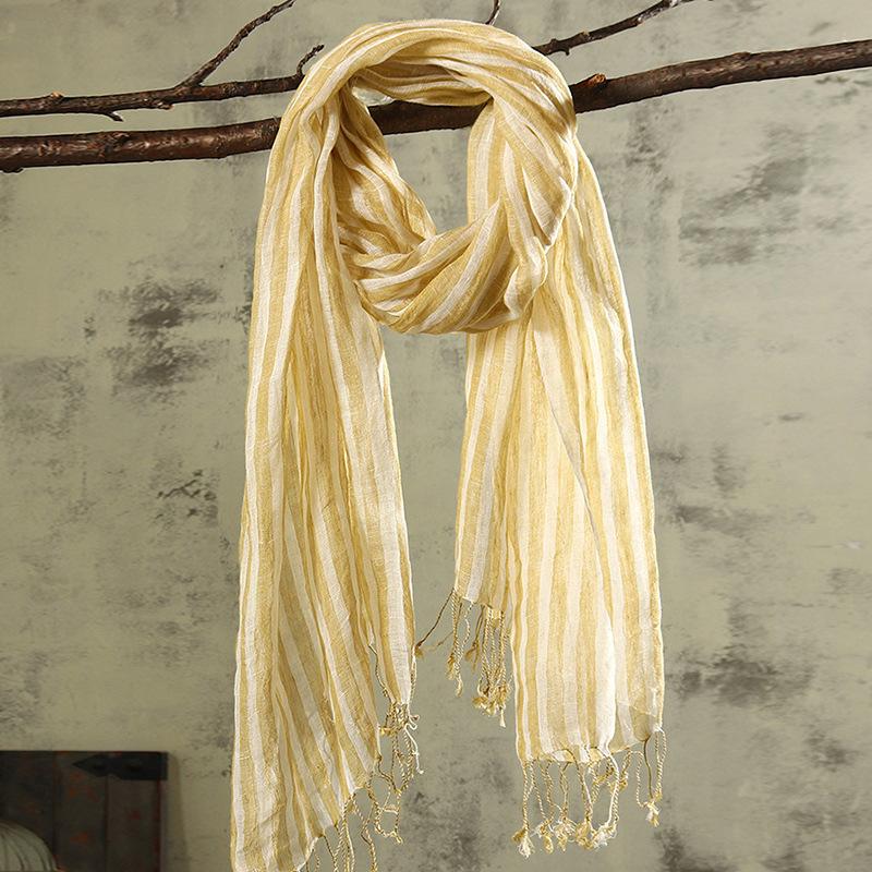 Japanese Pure Linen Yellow Stripes Fresh Literary And Artistic Fan Women Fringed Scarf Shawl Dual-Purpose Match