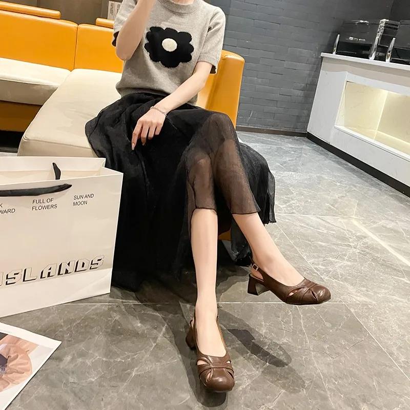 Fashion Summer Shoes Genuine Leather Sandals Casual French Retro Round Toe Hollow Out Gladiator Sandal Womens Thick Heel Shoe