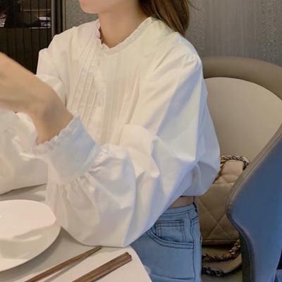 Comfortable and Versatile Standing Collar Lace Organ Pleat Design Sense White Shirt Lantern Sleeve Female Shirt Temperament Elegant Fashion Top