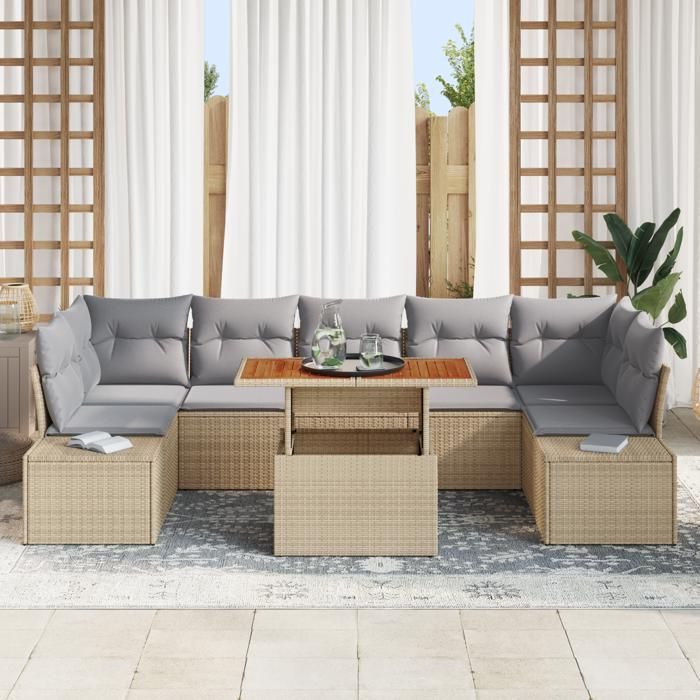 VidaXL Ensemble de salle à manger de jardin 8 pièces avec coussins en poly rattan beige et acacia 3349930