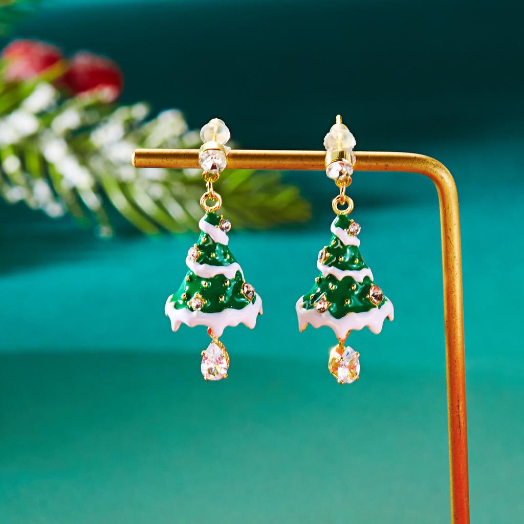 Design Sense Green Christmas Tree Drop Earrings for Women Light Luxury Shiny Crystal Snowman Earrings Christmas Party Jewelry