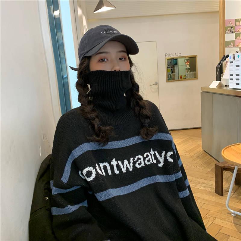 

Водолазка соответствующего цвета, свитер с буквами алфавита, свободный толстый свитер для школьницы, зимнее пальто S чёрный