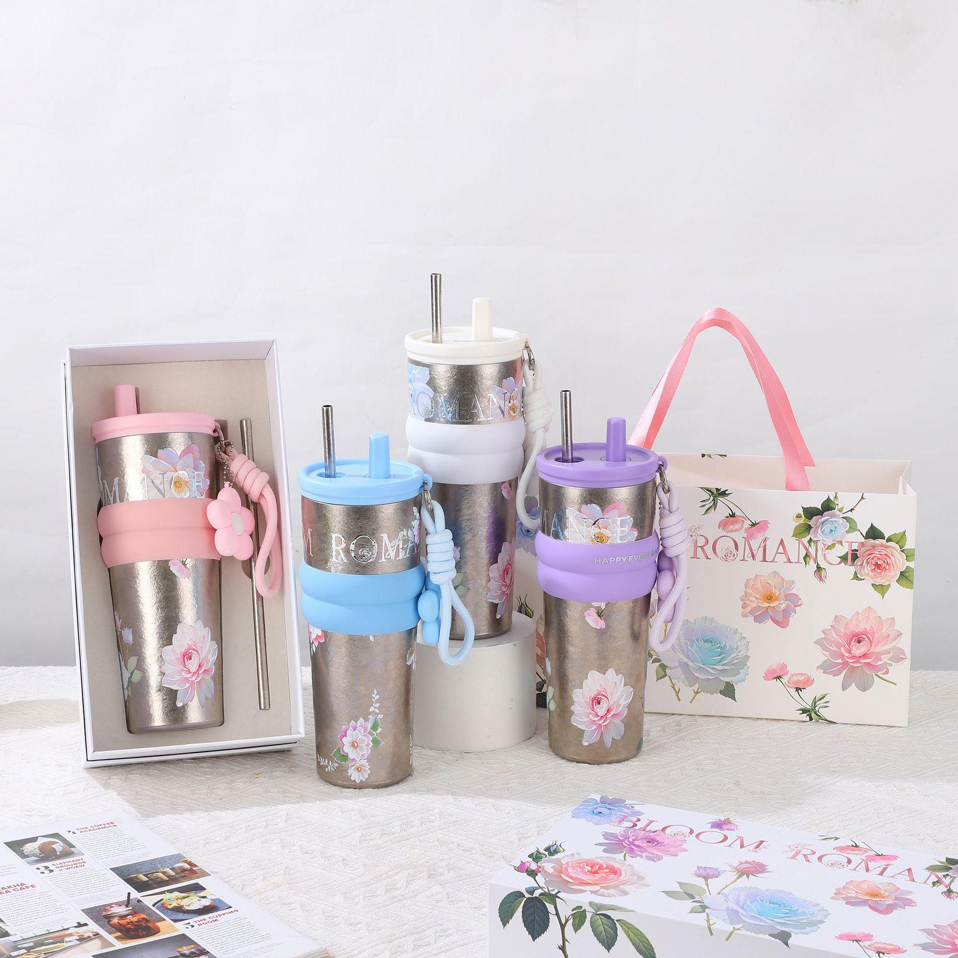710ml Large-capacity Women's Car Thermos Cup With Straw And Handle,Double-layer Vacuum Flasks,Festival Gift,Portable Coffee Mug rosa