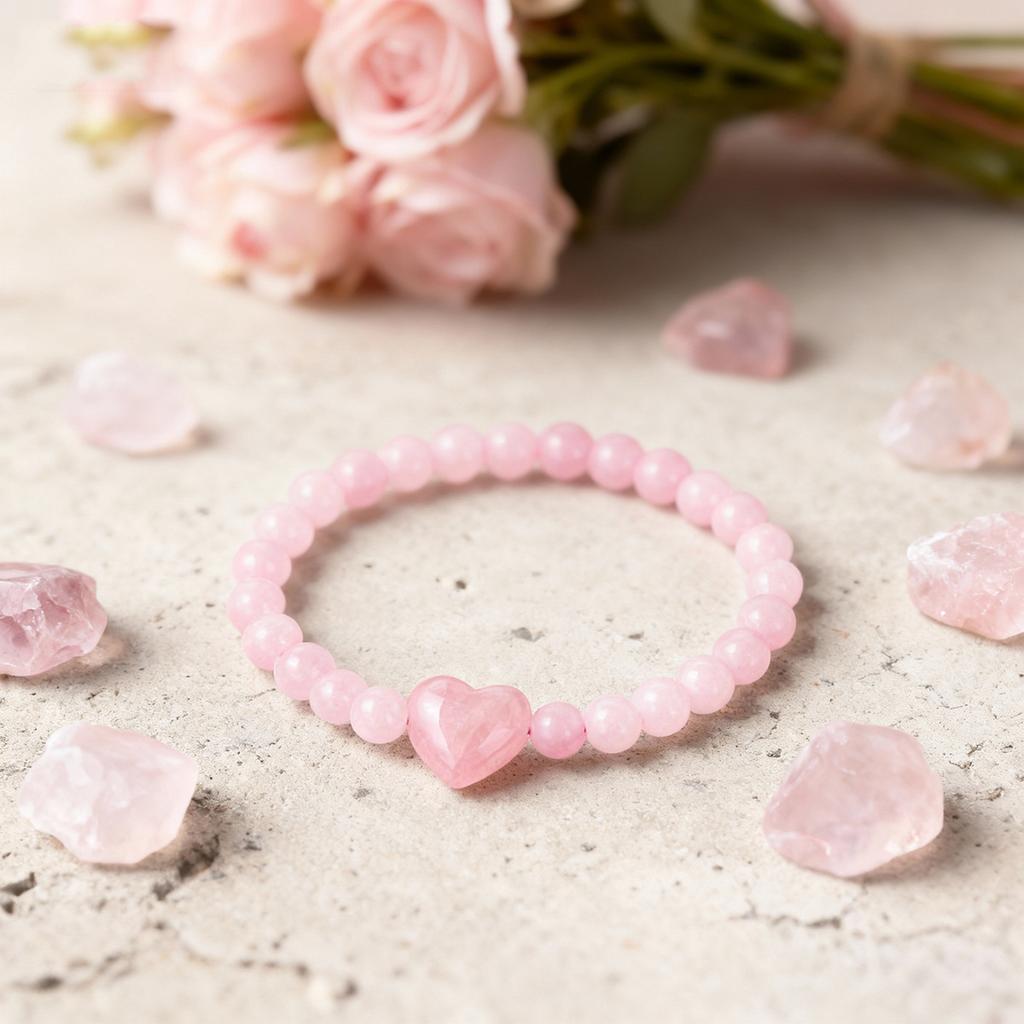 Festive Gifts Rose Quartz Beaded Bracelet With Heart Charm Sweet Fashion Jewelry For Women Daily Wear Simple Versatile Accessory