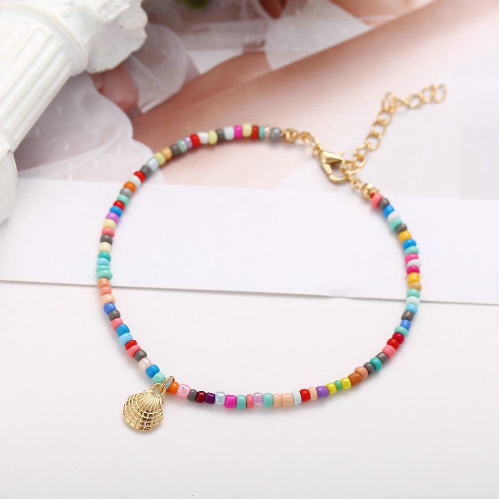 Unisex Colorful Beaded Anklet Retro Alloy Scallop Pendant Ankle Chain Siberian Style Geometry Footwear