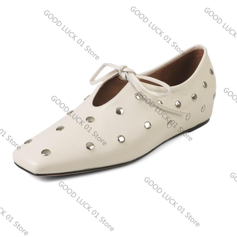 Fashion Ins style Rivet Soft Leather Women Ballet Flats Fashion Square toe Hollow out Lace-up Walking Loafers Casual Lazy Dance Shoes