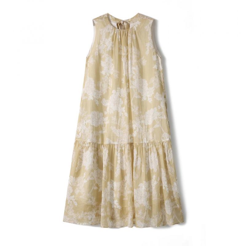 Japanese and Korean In-stock Seaside Vacation Dress ~ Jasmine Style Shallow Cool + Paper-cut Printed Sleeveless Dress Summer New Arrival