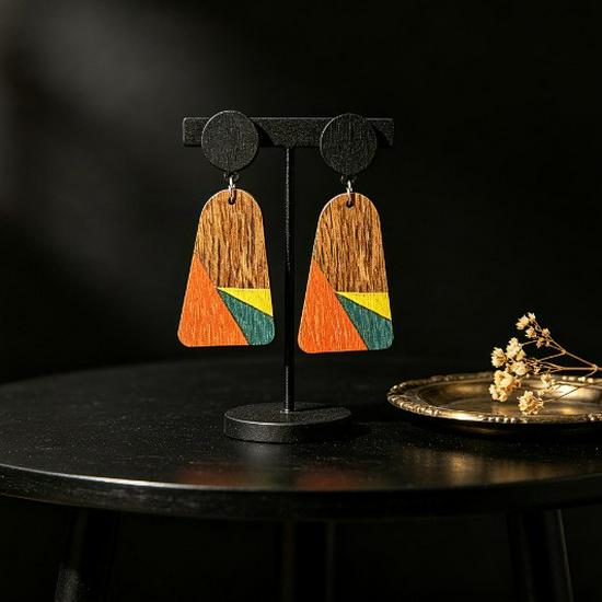 Bohemian Wooden Trapezoid Dangle Earrings with Ear Hooks for Women